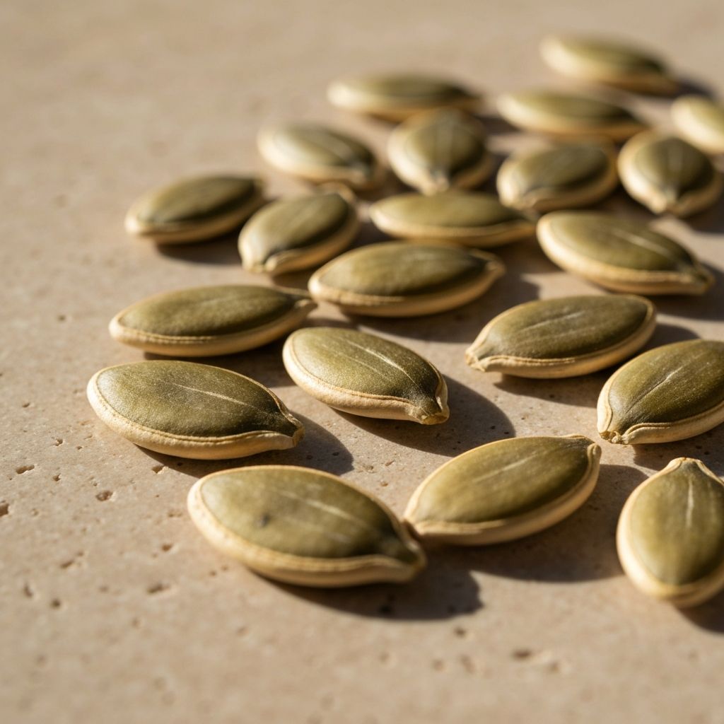 Kürbiskerne auf beigem Stein arrangiert